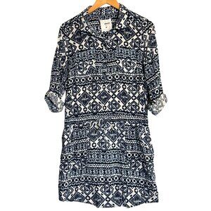 Sonoma Womens Roll Tab Sleeve Drawstring Short Dress Size M, Geometric Pattern